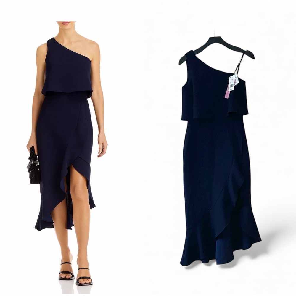 Aqua Formal Crepe Flounce Navy Cocktail Dress One Shoulder Size 2 Evening Party
